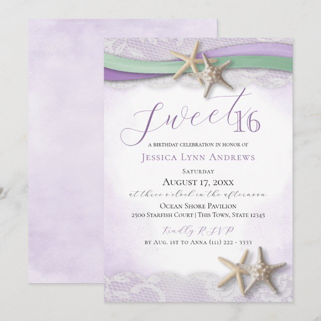 Invitation Étoile de mer et dentelle Sweet 16 (Devant / Derrière)
