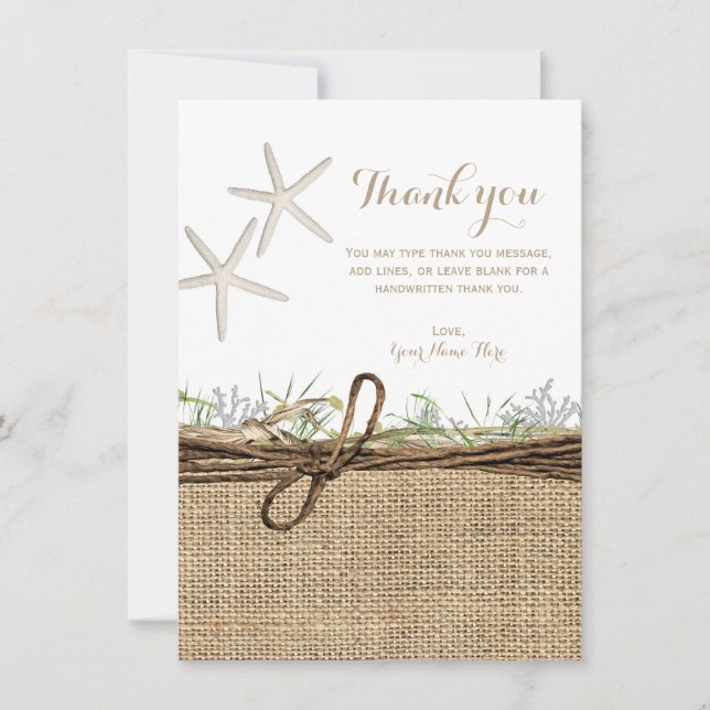 Invitation Étoile de Mer Rustique Côtière Mariage Merci Canev (Devant)