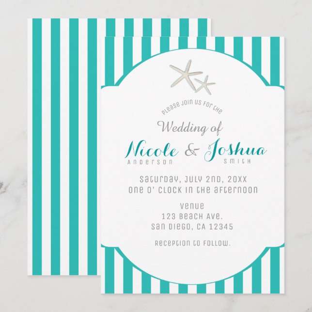 Invitation Étoile de mer sarcelle turquoise rayée élégante pl (Devant / Derrière)