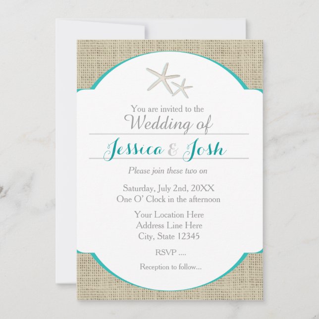 Invitation étoile de mer toile de jute turquoise s (Devant)