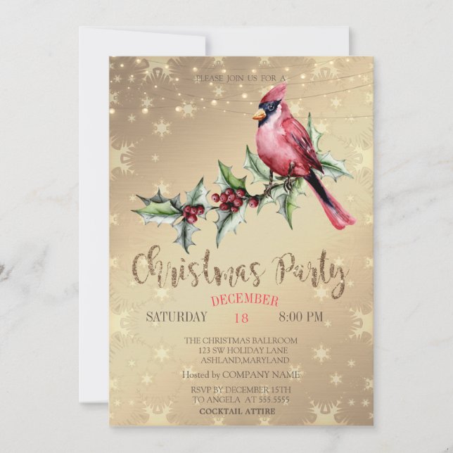 Invitation Étoile de Noël Cardinal Rouge Baie de Houx Or (Devant)