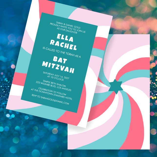 Invitation Étoile de tournage moderne de David Bat mitzvah de (Modern Swirl Star of David Custom Bar Bat Mitzvah Invitation Pink Green Bold Colorful Chic Cute)
