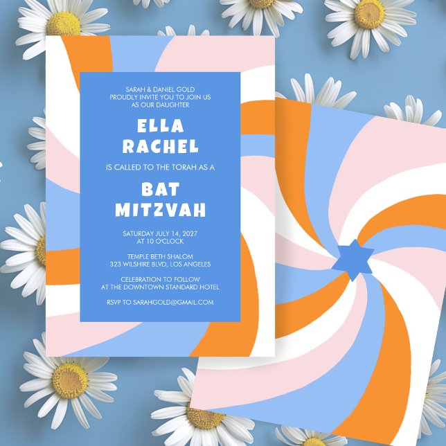 Invitation Étoile de tournage moderne de David Bat mitzvah de (Modern Swirl Star of David Custom Bar Bat Mitzvah Invitation Colorful Bold Stripes Orange Blue)