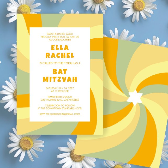 Invitation Étoile de tournage moderne de David Bat mitzvah de (Modern Swirl Star of David Custom Bar Bat Mitzvah Invitation Groovy 70s Cheerful Bold
)