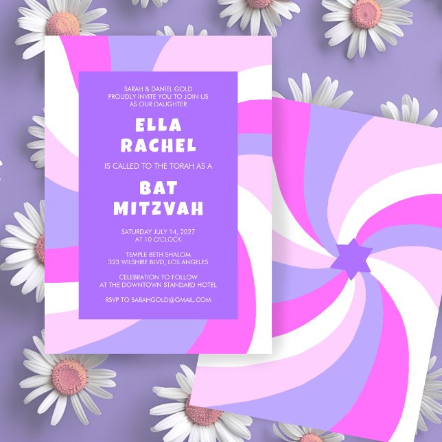 Invitation Étoile de tournage moderne de David Bat mitzvah de (Modern Swirl Star of David Custom Bar Bat Mitzvah Invitation Purple Pink)
