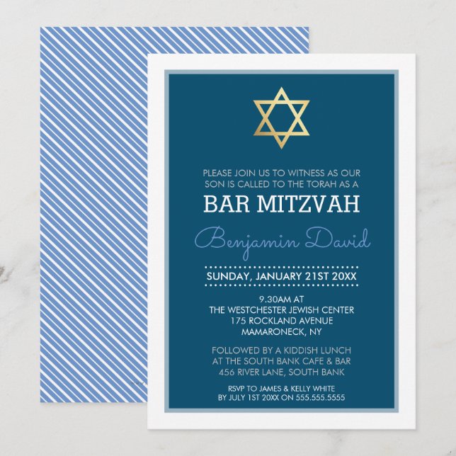 Invitation ETOILE D'OR DAVID bar mitzvah moderne simple bleu (Devant / Derrière)