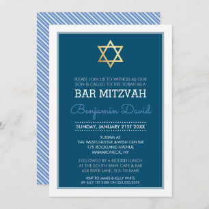 Invitation ETOILE D'OR DAVID bar mitzvah moderne simple bleu