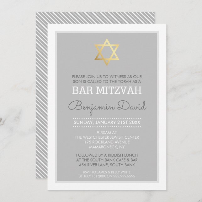 Invitation ETOILE D'OR DE DAVID bar mitzvah moderne simple gr (Devant / Derrière)