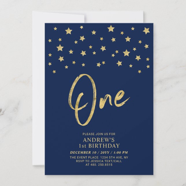 Invitation Étoile d'Or | Fête d'anniversaire Navy Blue One 1e (Devant)