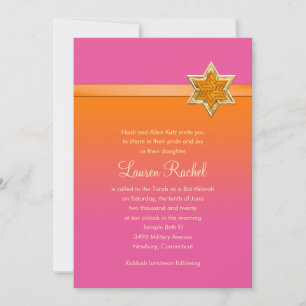 Invitation Étoile et ruban orange ombre bat mitzvah