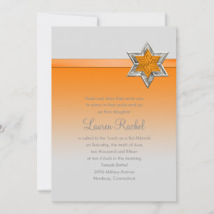 Invitation Étoile et ruban orange ombre bat mitzvah