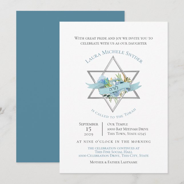 Invitation Étoile florale de David Bat mitzvah (Devant / Derrière)