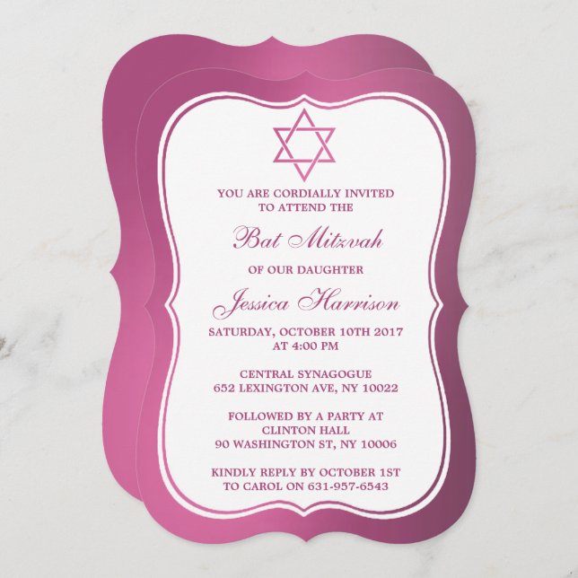 Invitation Étoile Juive Rose Metallic De David Bat mitzvah (Devant / Derrière)