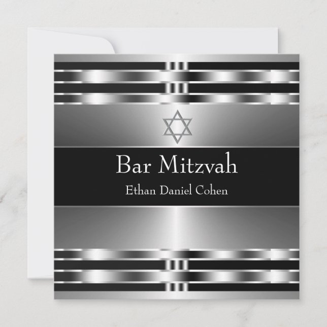 Invitation Étoile noire d'argent de David Bar Mitzvah (Devant)