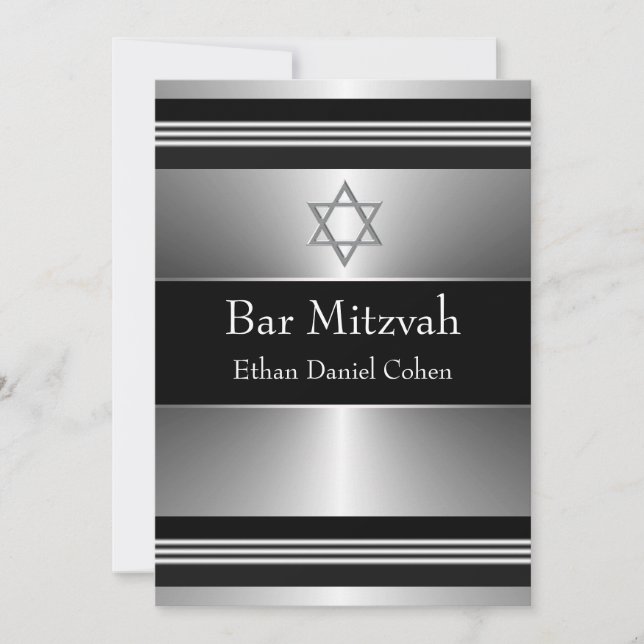 Invitation Étoile noire d'argent de David Bar Mitzvah (Devant)