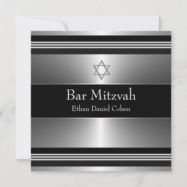 Invitation Étoile noire d'argent de David Bar Mitzvah (Devant)