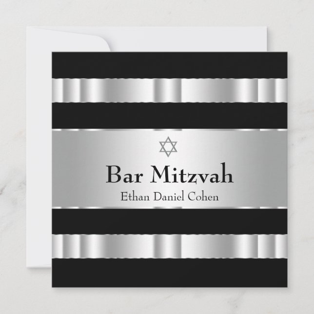 Invitation Étoile noire d'argent de David Bar Mitzvah (Devant)