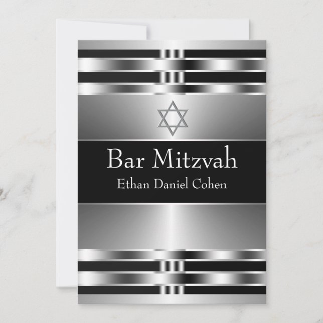 Invitation Étoile noire d'argent de David Bar Mitzvah (Devant)