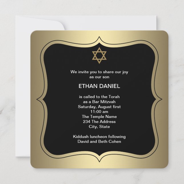 Invitation Étoile noire et or de David Bar Mitzvah (Devant)