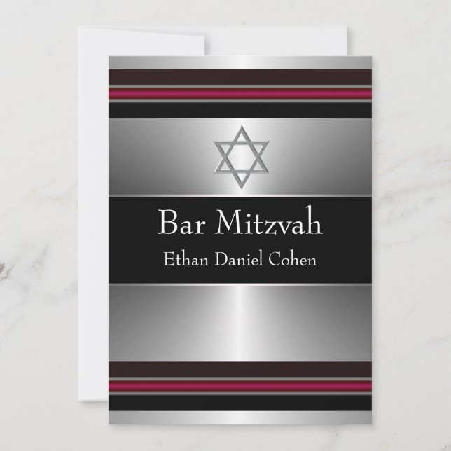 Invitation Étoile noire rouge argentée de David Bar Mitzvah (Devant)
