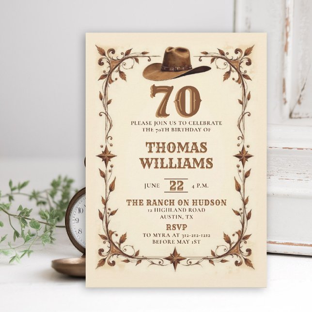 Invitation Étoile occidentale rustique vintage Cowboy 70e ann (cowboy birthday invitation men 70th rustic vintage star country western husband dad grandpa)
