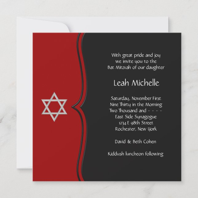 Invitation Étoile rouge et noire de David Bat Mitzvah (Devant)