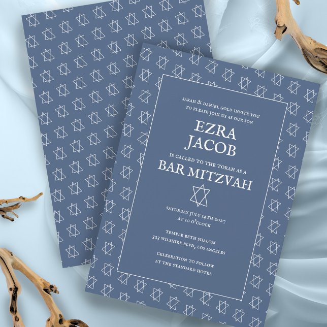 Invitation Étoile simple de David personnalisée B'nai Bat Bar (Simple Star of David Pattern Minimalist Elegant Custom B'nai Bat Bar Mitzvah Invitation Blue White
)
