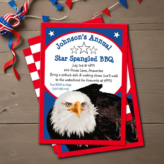 Invitation Étoile tourbée 4 juillet BBQ Party Bald Eagle roug (Modern Bald Eagle 4th of July star spangled BBQ party invitations)