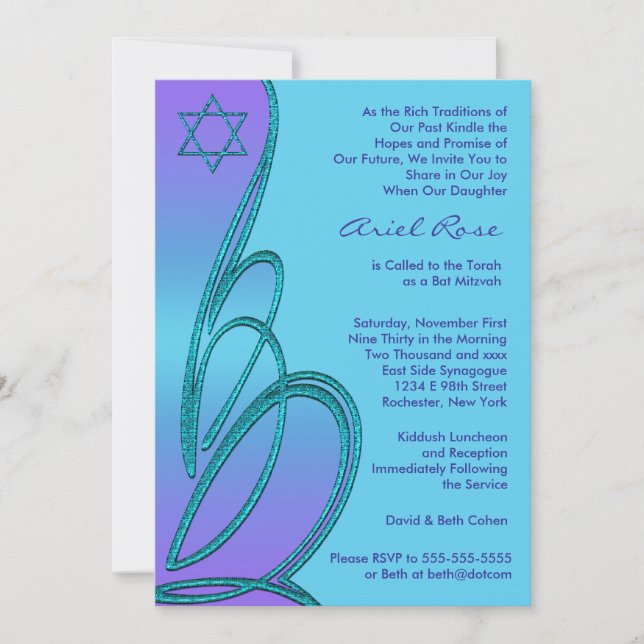 Invitation Étoile Turquoise violette de David Bat mitzvah (Devant)