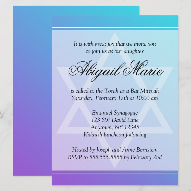 Invitation Étoile violette turquoise de David Bat mitzvah (Devant / Derrière)