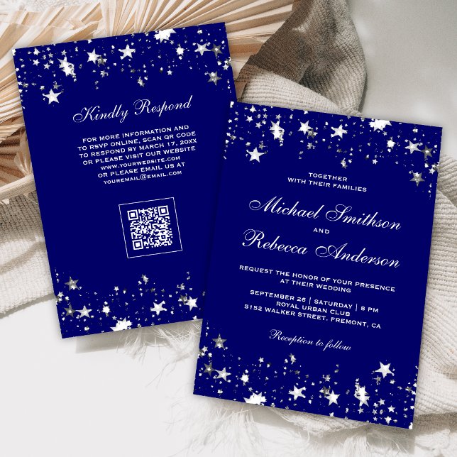 Invitation Étoiles Argentées Confettis Bleu Royal Code QR Mar (Créateur téléchargé)
