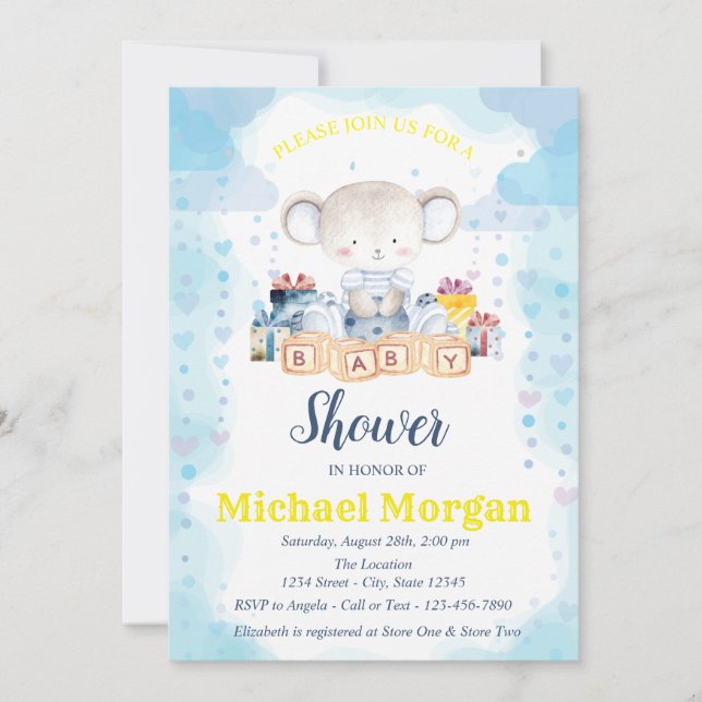 Invitation Étoiles, Baby Bear Présente une Baby Shower (Devant)