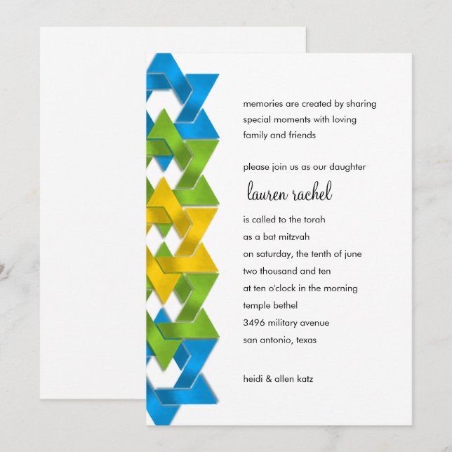 Invitation Étoiles bat mitzvah bleu vert jaune sur n'importe  (Devant / Derrière)
