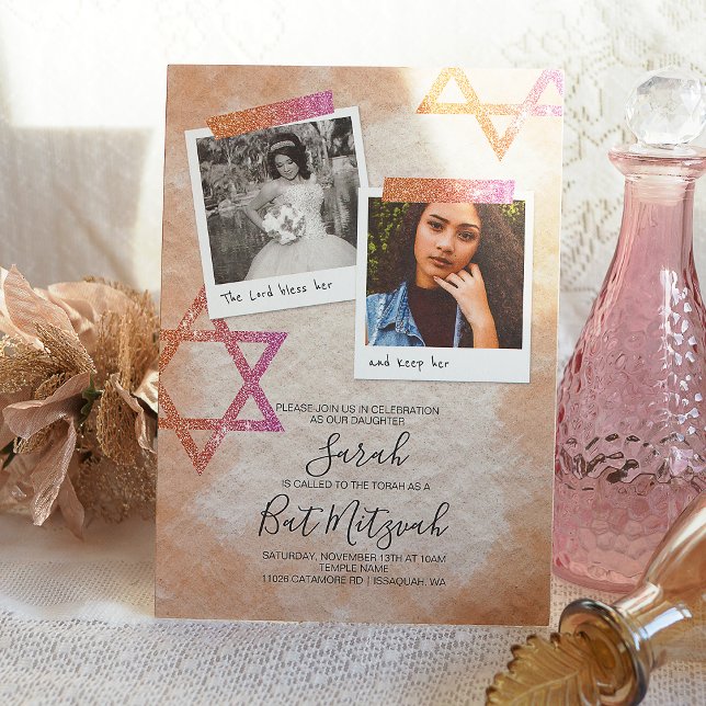Invitation Étoiles Bat mitzvah rose, crémeuse (Rose gold, glitter, star of david bat mitzvah invitation templates for pink sparkles bat mitzvah)