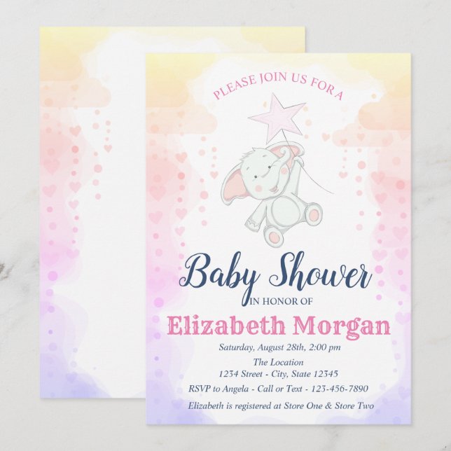 Invitation Étoiles, Bébé Fille Éléphant  Baby Shower (Devant / Derrière)