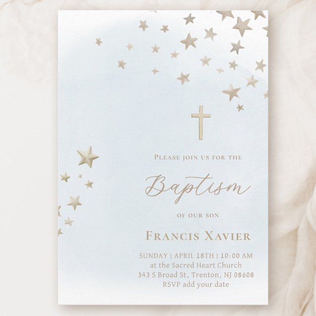 Invitation étoiles beiges sur un ciel bleu pastel | Baptême  (Créateur téléchargé)