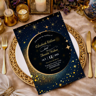 Invitation Étoiles Bleu Minuit Lune Halo céleste mariage