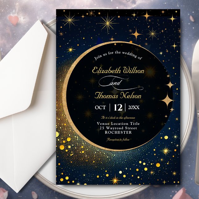 Invitation Étoiles bleues de minuit Lune halo céleste mariage (Créateur téléchargé)