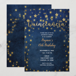 Invitation Étoiles Bleues et Dorées Fête de Quinceañera Céles