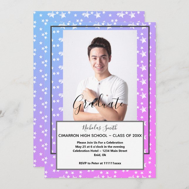 INVITATION ÉTOILES BLEUES MODERNES MALE GRAD | PARTIE DE DIPL (Devant / Derrière)