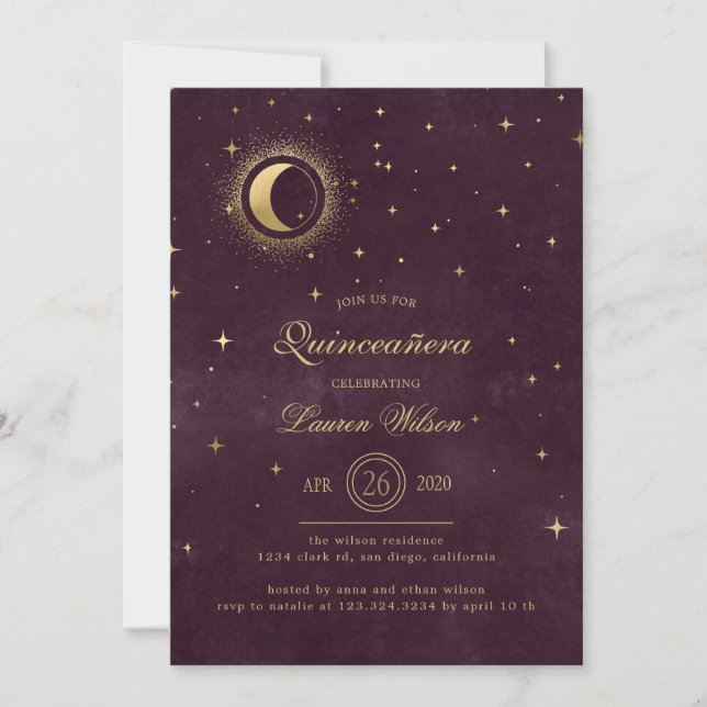 Invitation étoiles céleste de minuit bleu or Quinceanera Inv (Devant)