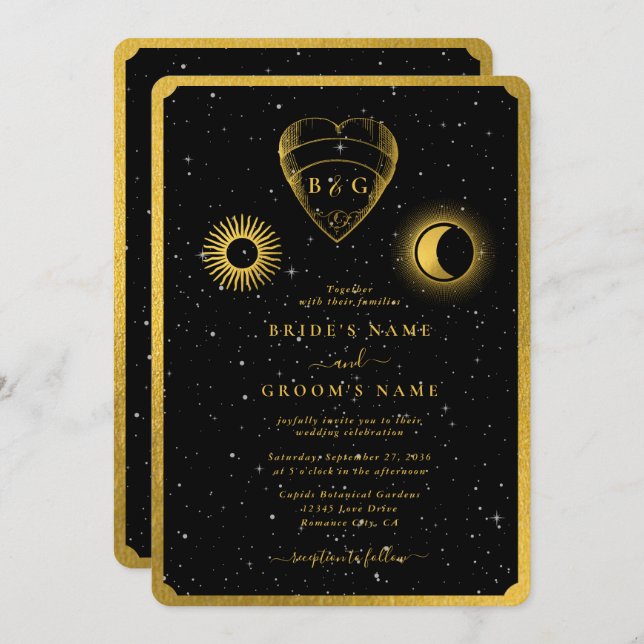 Invitation Étoiles célestes Crescent Lune Mariage d'or noir (Devant / Derrière)