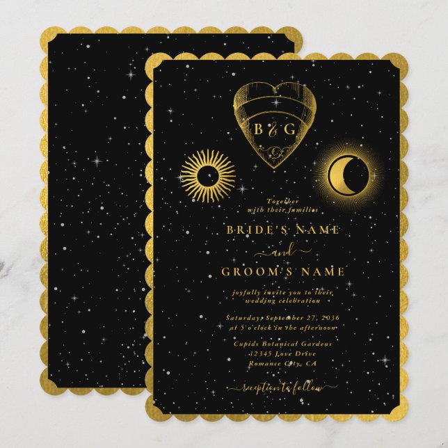 Invitation Étoiles célestes Crescent Lune Mariage d'or noir (Devant / Derrière)