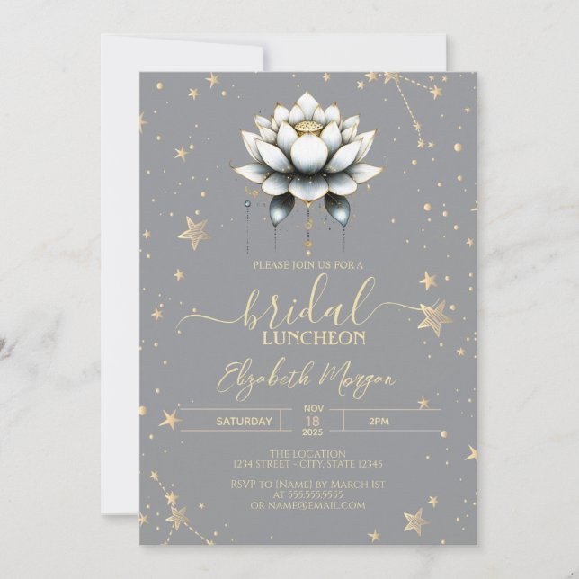 Invitation Étoiles célestes du lotus blanc sur gris pour la d (Devant)