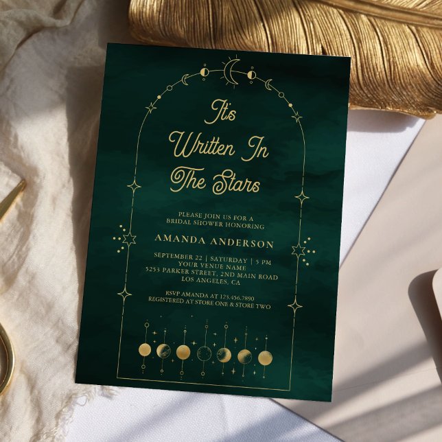 Invitation Étoiles célestes Emerald Gold Moon Fête des mariée (Créateur téléchargé)