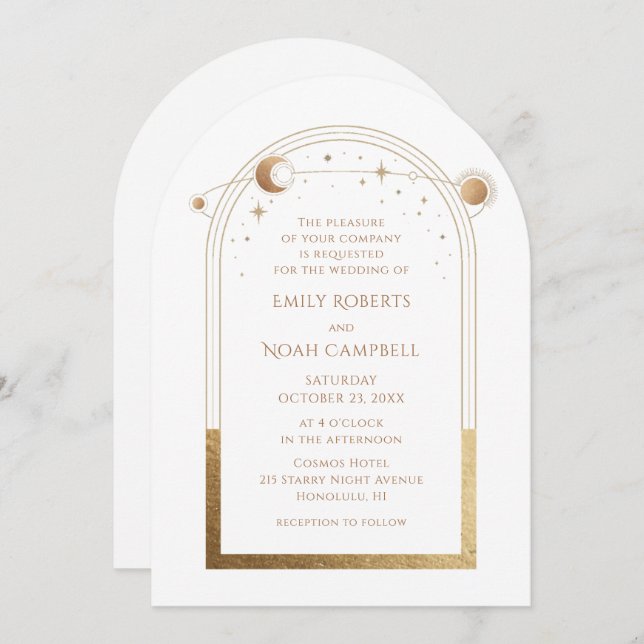 Invitation Étoiles célestes en or blanc (Devant / Derrière)