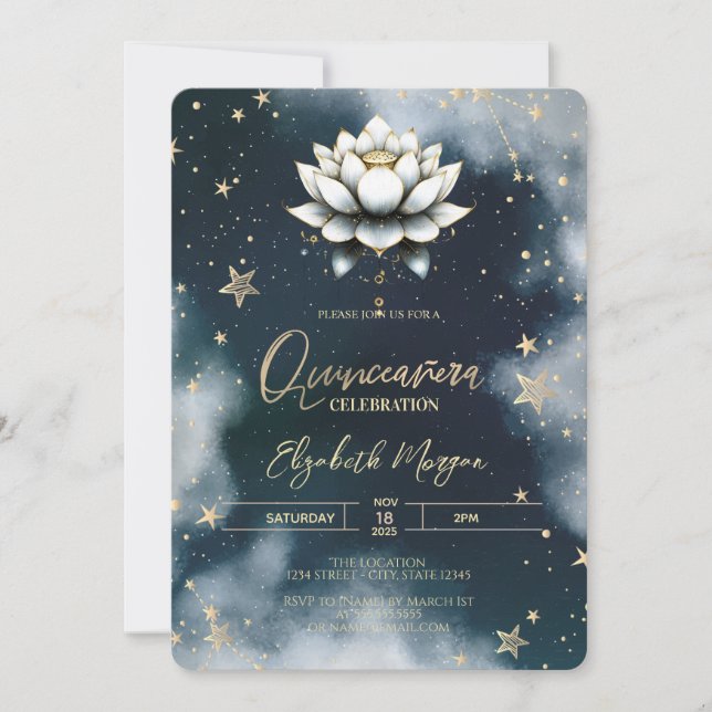Invitation Étoiles célestes Lotus blanc Ciel Quinceanera (Devant)