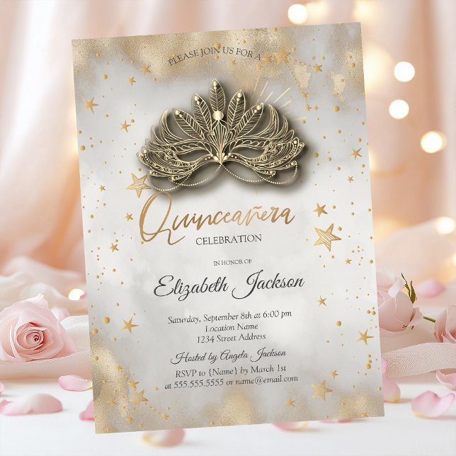 Invitation Etoiles célestes masques Quinceanera or (Créateur téléchargé)