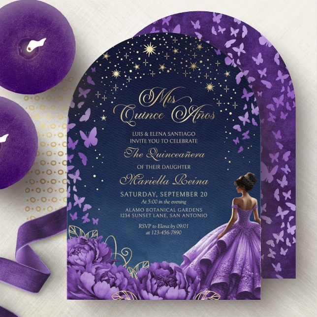 Invitation Étoiles célestes pourpres Quinceanera florale (Créateur téléchargé)