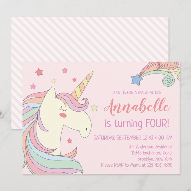 Invitation Étoiles Ciel Rose Cute Unicorn Anniversaire (Devant / Derrière)